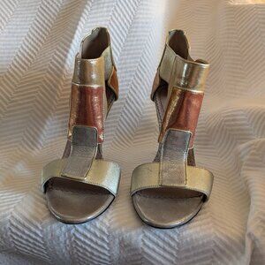 Jean-Michel Cazabat Octavia Metallic Patchwork Stiletto Heels Sz 38 Gold Sandals